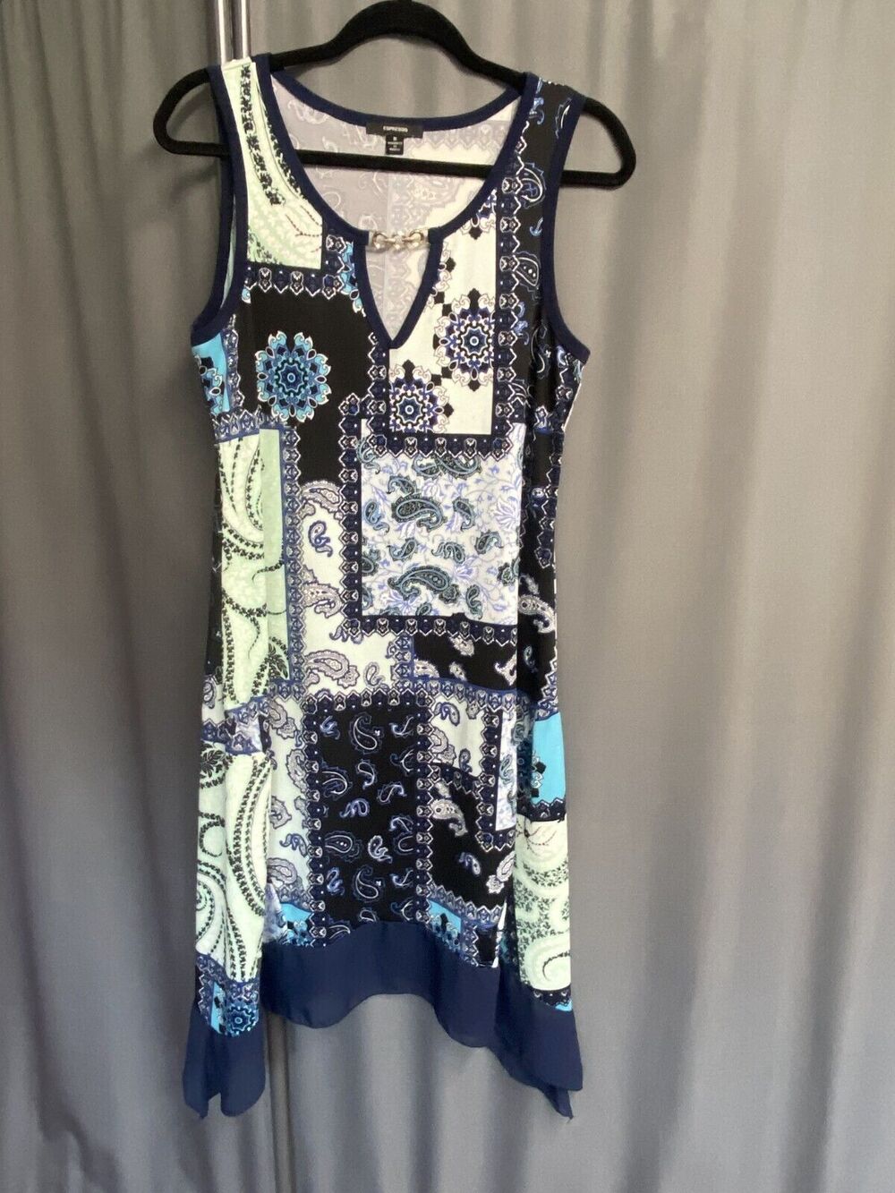 Espresso Tank Dress Women's Medium Multicolor Paisley Chain Notch Neck B74